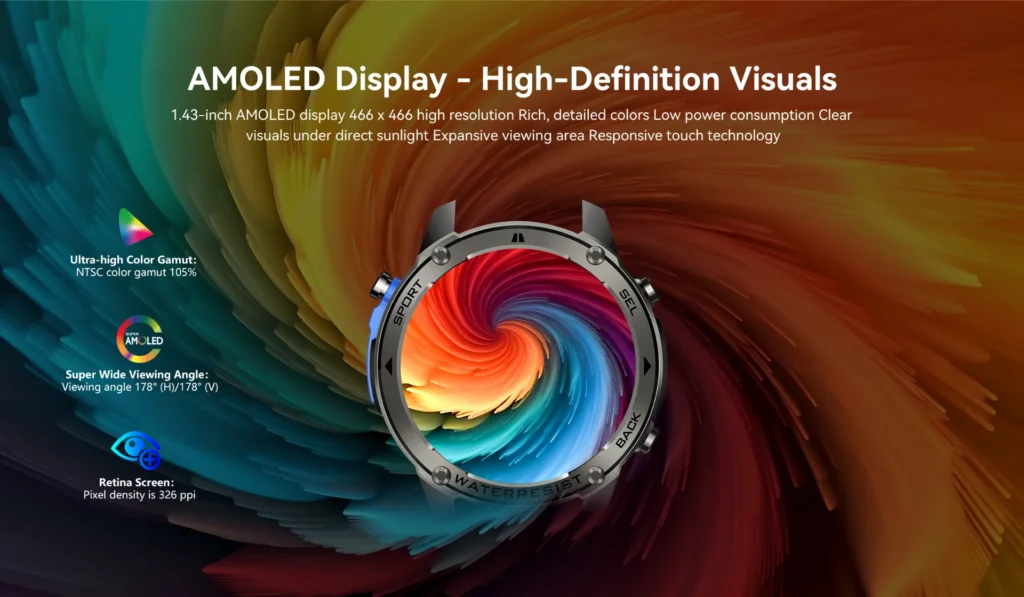 AMOLED display shows high-definition visuals with detailed color swirls, ultra-high color gamut, wide viewing angle, and retina screen features.