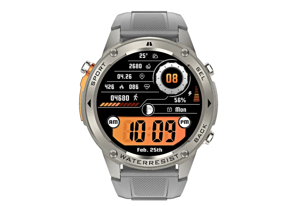 Digital sports watch showing time, date, steps counter, heart rate, and weather with a metallic case and rubber strap.