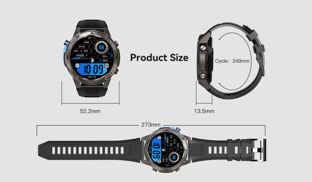 Digital watch displaying dimensions: face 52.2mm width, 13.5mm thickness, strap length 273mm. Featured in front and side views.