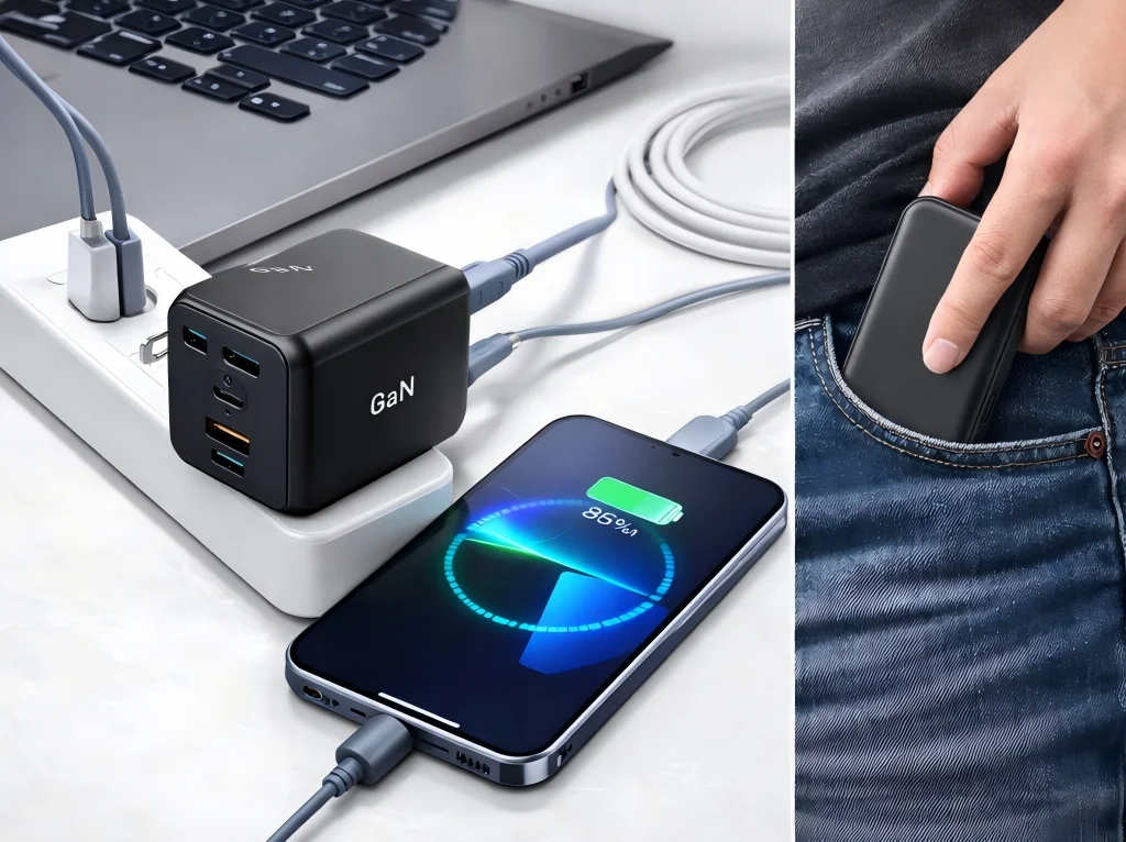 GaN charger connected to a smartphone and laptop on a desk, with a close-up of a person placing the charger in their pocket.