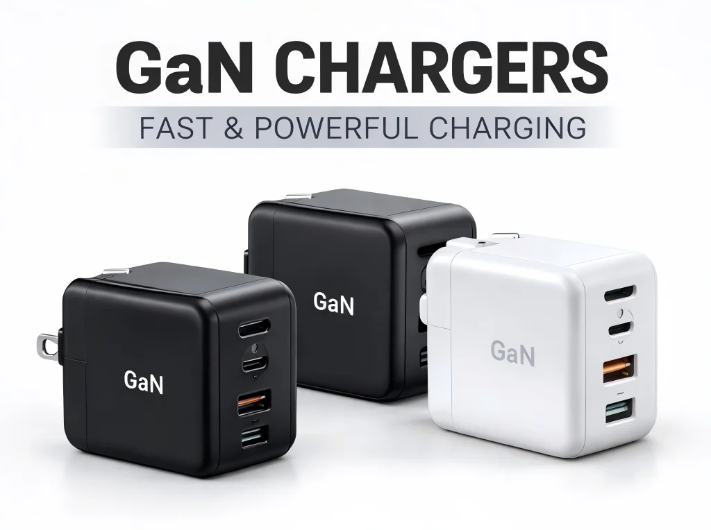 Three GaN chargers in black and white showcasing fast and powerful charging with multiple ports.