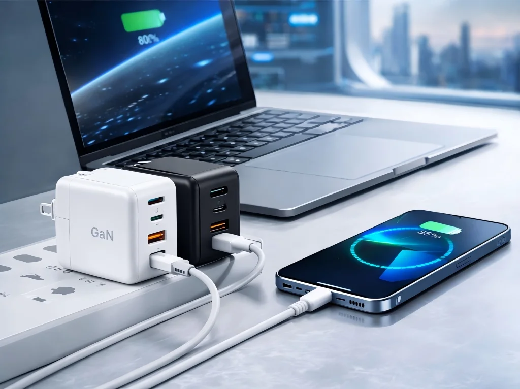 White and black GaN chargers plugged into power strip, with a laptop in the background and a phone charging in the foreground showing 85% battery.