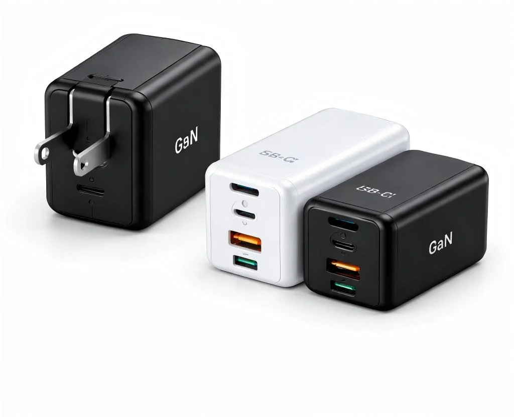 Three GaN USB chargers in black and white with multiple ports, including USB-C and USB-A, arranged on a white surface.