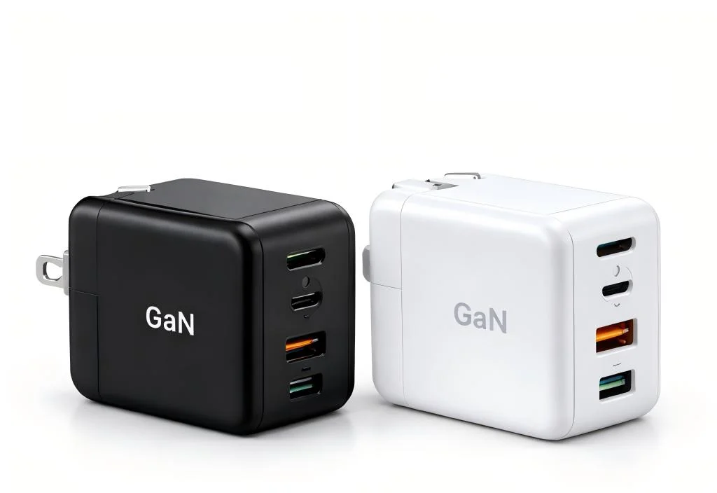 Black and white GaN USB wall chargers with multiple ports, showcasing compact design and advanced technology.