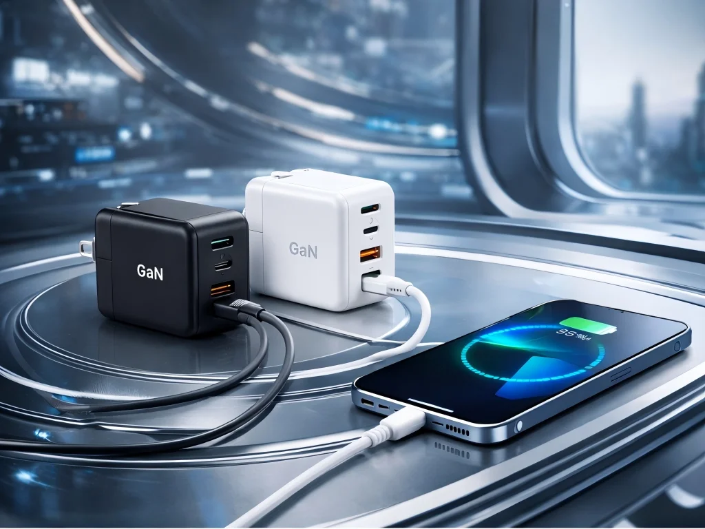 Two GaN wall chargers, one black and one white, charging a smartphone on a futuristic reflective surface.
