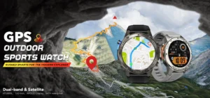 Two GPS outdoor sports watches showcased against a mountain backdrop, highlighting rugged features for explorers.