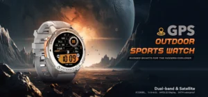A GPS outdoor sports watch displayed in a rugged alien landscape with mountains and a distant planet, emphasizing durability.