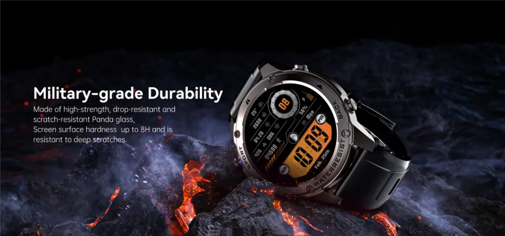 Smartwatch with military-grade durability featuring scratch-resistant glass and rugged design placed on volcanic rock surface.