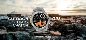 Digital outdoor sports watch with GPS features displayed by a rocky seaside at sunset, showcasing water resistance and dual-band capabilities.