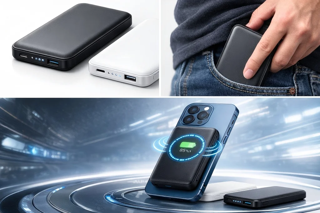 Black and white portable power banks, one fitting into a pocket, another wirelessly charging a smartphone on a sleek futuristic surface.