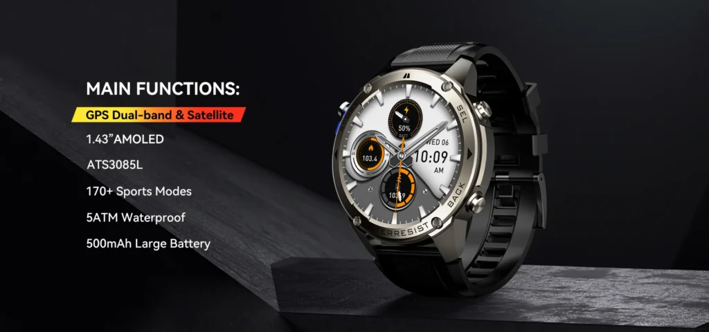 Smartwatch with black band featuring dual-band GPS, AMOLED display, and multiple sports modes.
