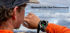 Close-up of a person wearing a smartwatch with incoming call notification, featuring Bluetooth call capability and waterproof design.