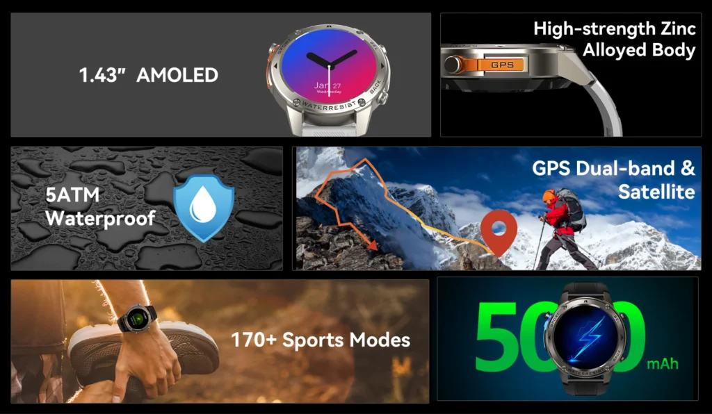 Promotional image showcasing smartwatch features including AMOLED display, waterproof capability, GPS, sports modes, and battery life.