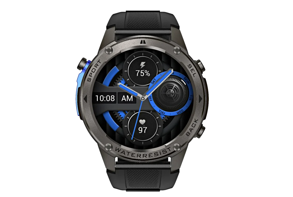 Smartwatch featuring a metallic casing, black and blue accents, digital display showing time, battery, and heart rate details.
