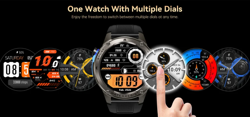 Smartwatch showcasing numerous customizable dials and a hand interacting with one of them, emphasizing versatility.