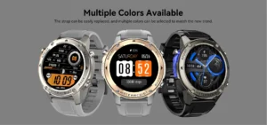 Three smartwatches with different designs and colors, highlighting multiple strap options on a gray background.