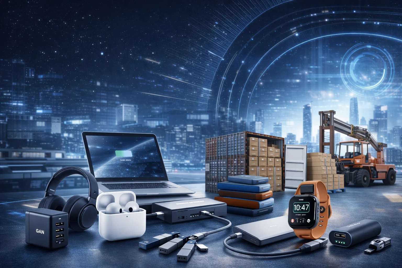 Tech devices with city backdrop