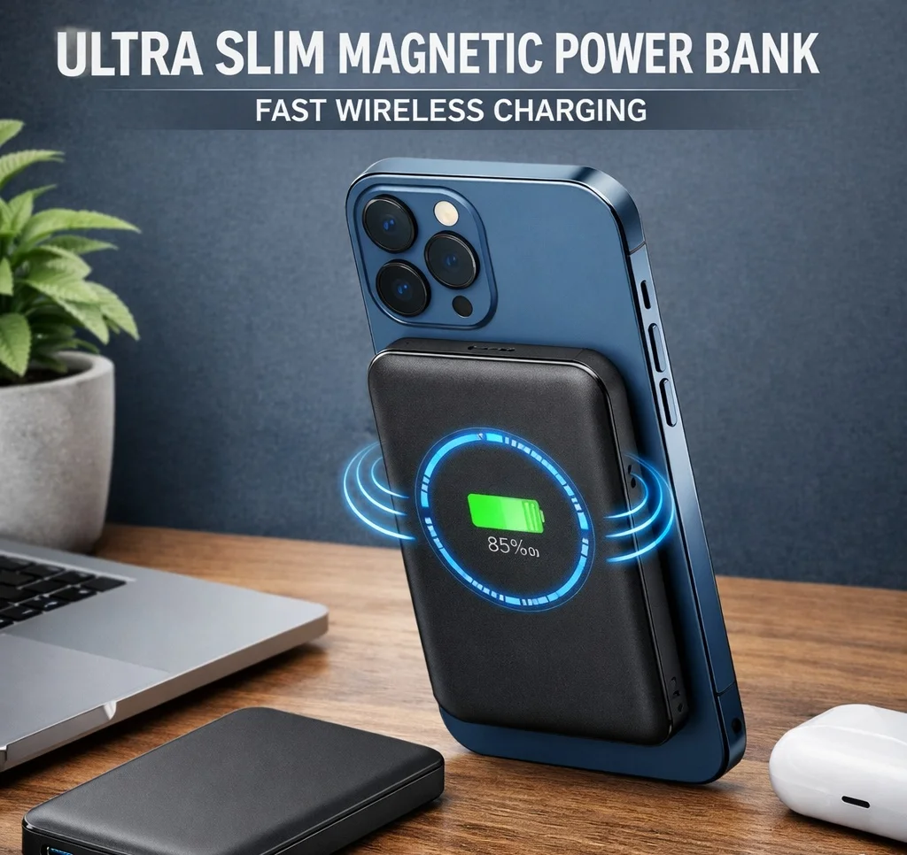 Ultra slim magnetic power bank attached to a smartphone, showing 85% charge visually, with fast wireless charging indicator.