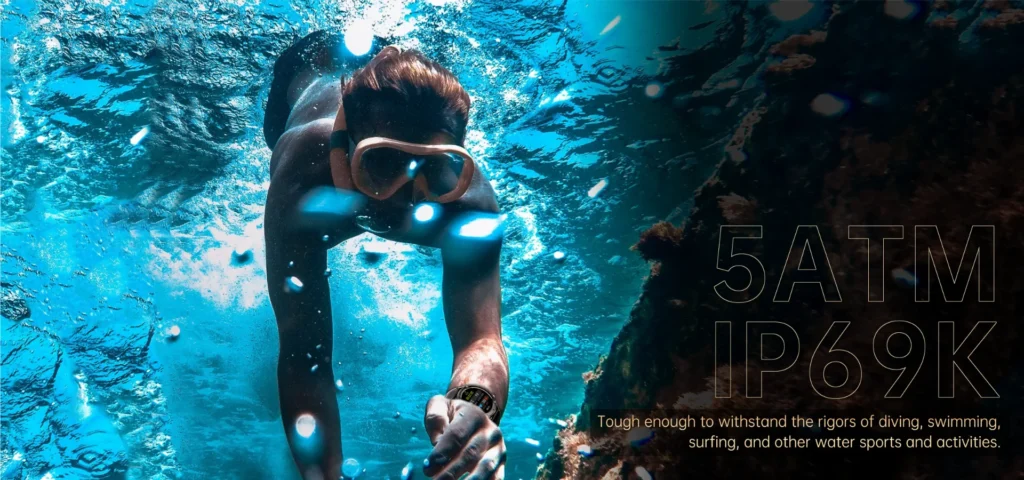 A person swimming underwater wearing a watch, indicating water resistance with text: '5ATM IP69K'.