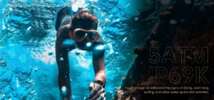 A person swimming underwater wearing a watch, indicating water resistance with text: '5ATM IP69K'.