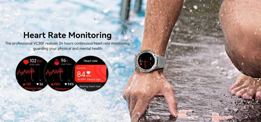 A smartwatch displaying heart rate monitoring features on a wet wrist, emphasizing waterproof capabilities and health tracking.