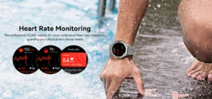A smartwatch displaying heart rate monitoring features on a wet wrist, emphasizing waterproof capabilities and health tracking.