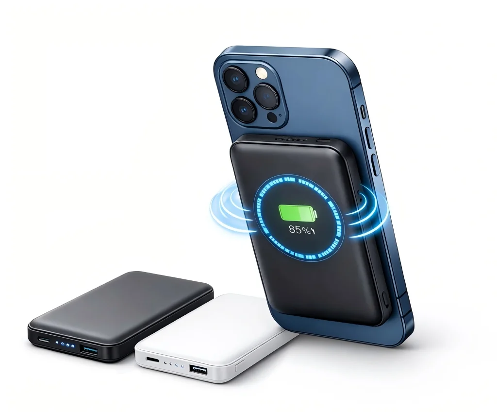 Smartphone using a magnetic wireless charger with a digital display showing 85% battery. Two additional power banks are displayed.