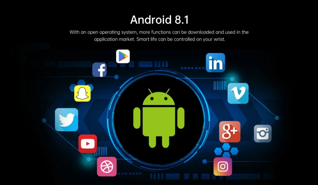Android 8.1 text above a green Android logo surrounded by various social media icons, highlighting connectivity and apps.