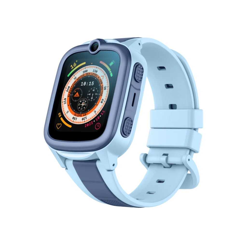 Blue smartwatch featuring a digital display with various metrics, surrounded by a sleek light blue band, showing the time and other data.