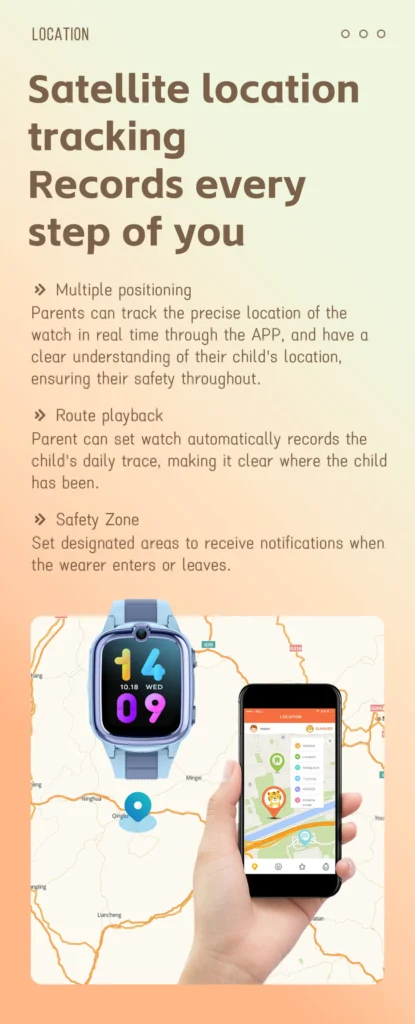 Smartwatch and smartphone displaying location tracking features for child safety, including maps and notifications.