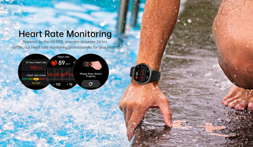 Close-up of a smartwatch on a wet wrist, displaying heart rate data with water splashing around.