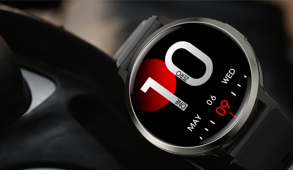 Close-up view of a modern smartwatch featuring a digital display showing date and time with a sleek black strap.