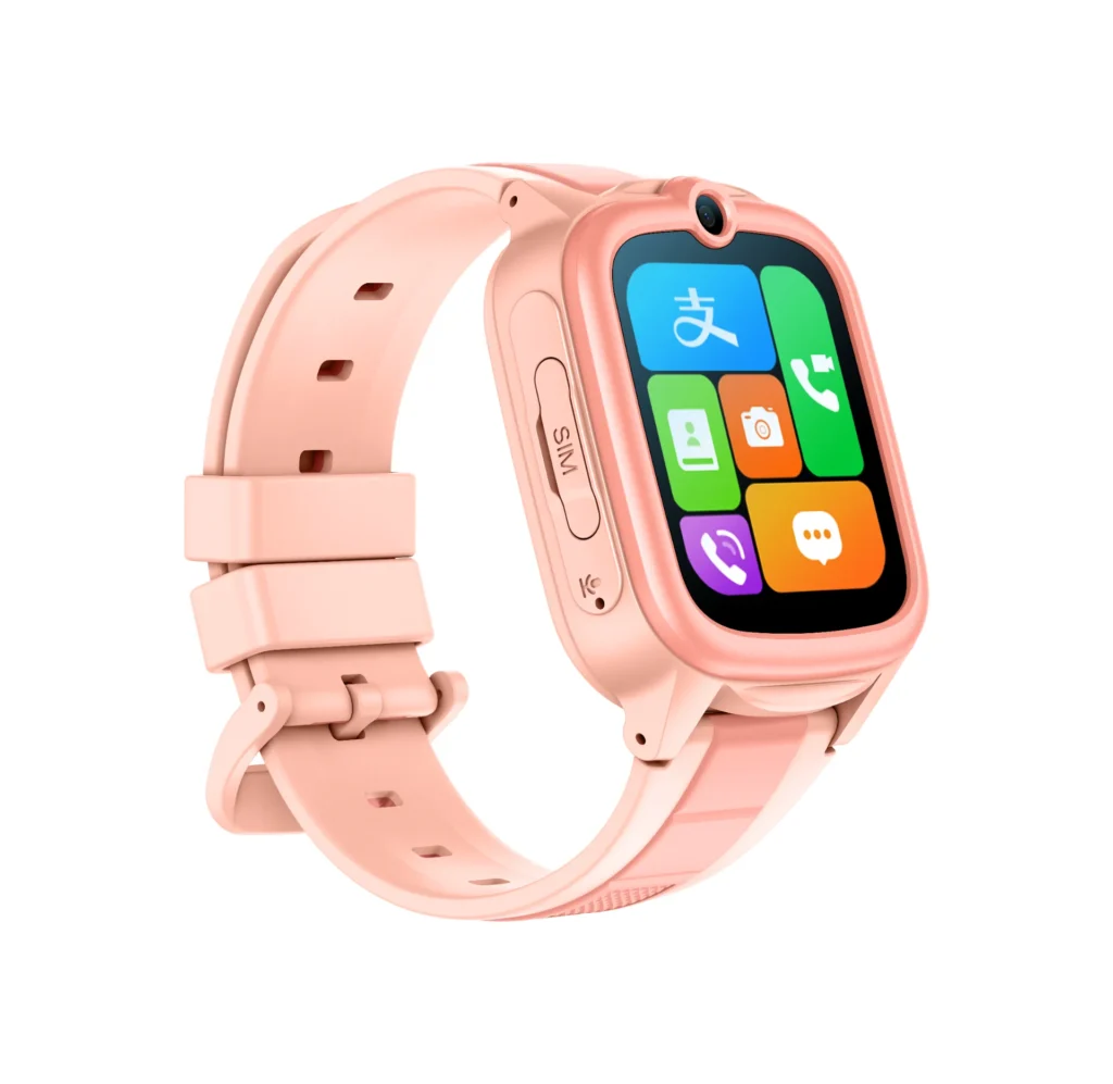 Pink smartwatch featuring a colorful app display and SIM slot, designed for versatile functionality.