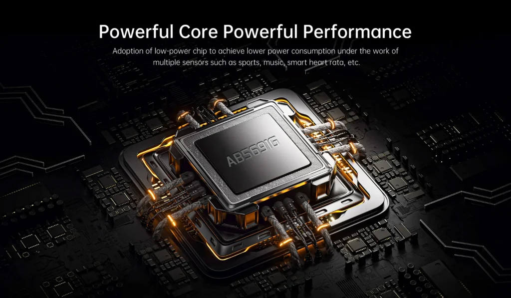 Close-up of a futuristic chip labeled AB5691G on a circuit board, highlighting powerful core performance and low energy consumption.
