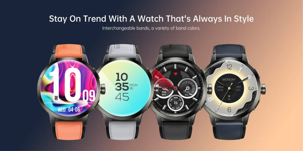 Four smart watches with interchangeable bands showcasing vibrant screens and stylish designs.
