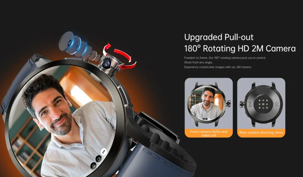 Smartwatch featuring a 180-degree rotating HD 2MP camera with a pull-out design for versatile shooting angles.