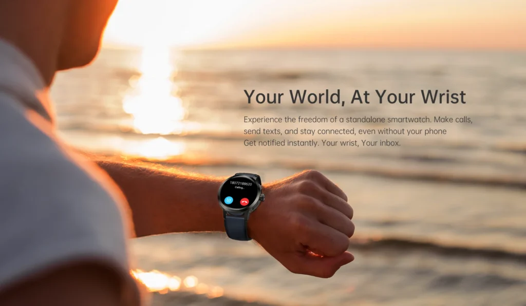 Person wearing a smartwatch on their wrist, taking a call at sunset on a beach, showcasing communication capabilities.