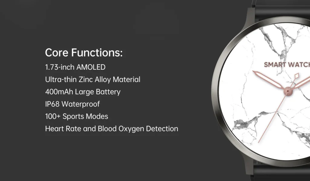 Smartwatch with marble design face, showcasing core functions like AMOLED display, zinc alloy material, 400mAh battery, waterproof ratings, multiple sports modes, and health detection.