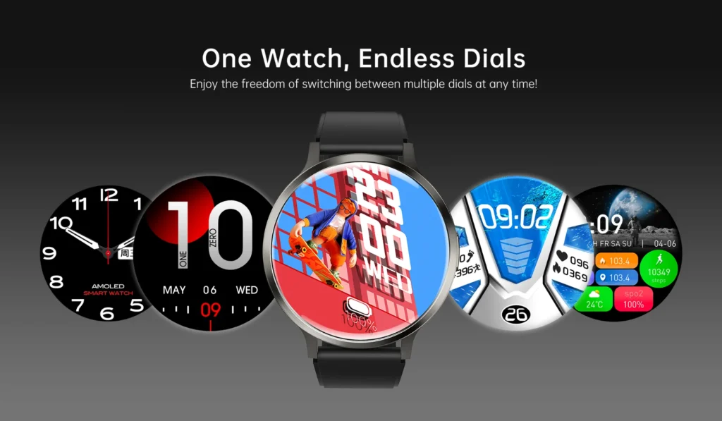 Smartwatch displaying various dial designs, including analog, digital, graphic, and fitness-focused options, with the slogan 'One Watch, Endless Dials'.