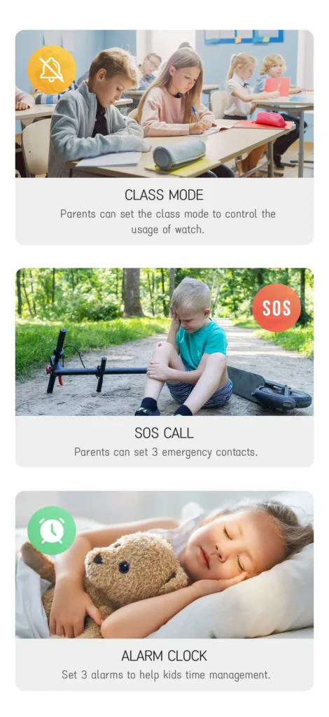 Smartwatch showing class mode, SOS call, and alarm clock features for kids. Class mode in class, SOS in park, alarm in bed.