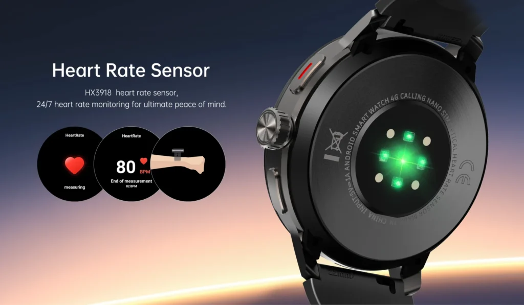 Smartwatch displaying HX3918 heart rate sensor technology with 24/7 monitoring capability, alongside measurement display.