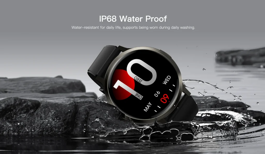 Black smartwatch displaying date and time, submerged and splashing in water, highlighting its IP68 waterproof feature.