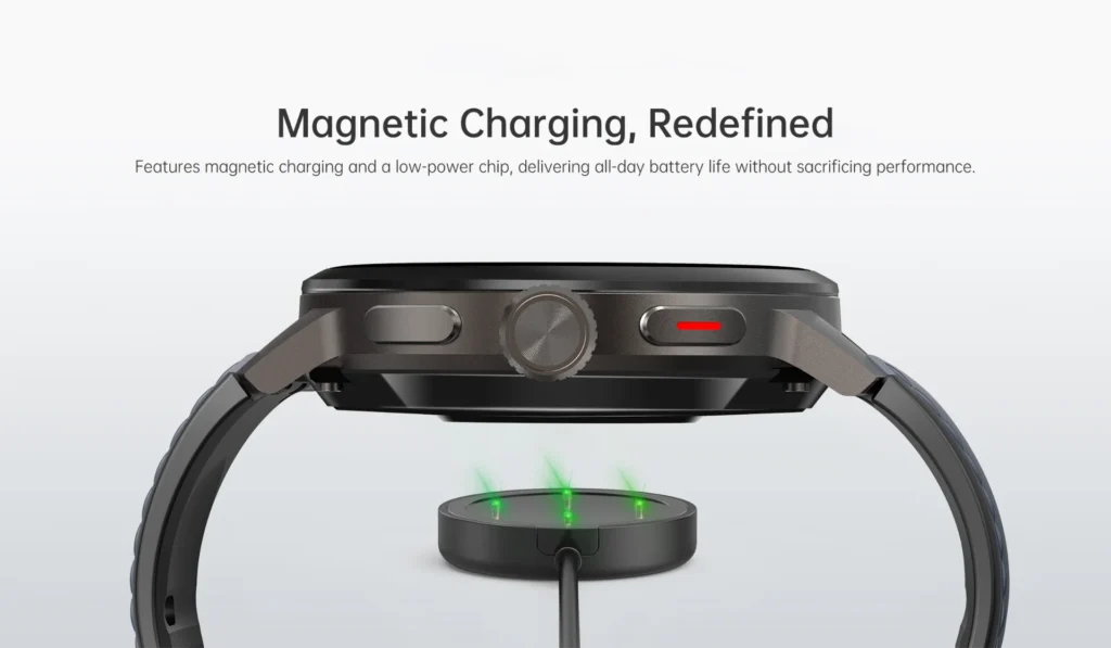 Smartwatch in side view showing magnetic charging pad with green indicator lights, emphasizing all-day battery life and performance.