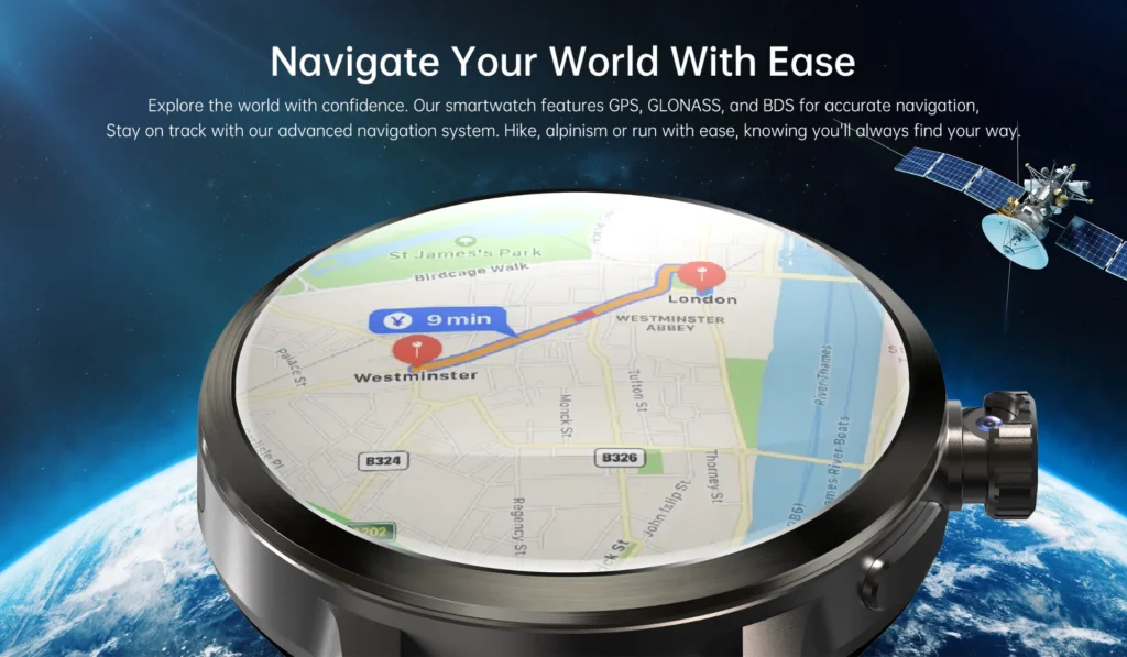 Smartwatch displaying a map with navigation route; satellite orbiting Earth in background.