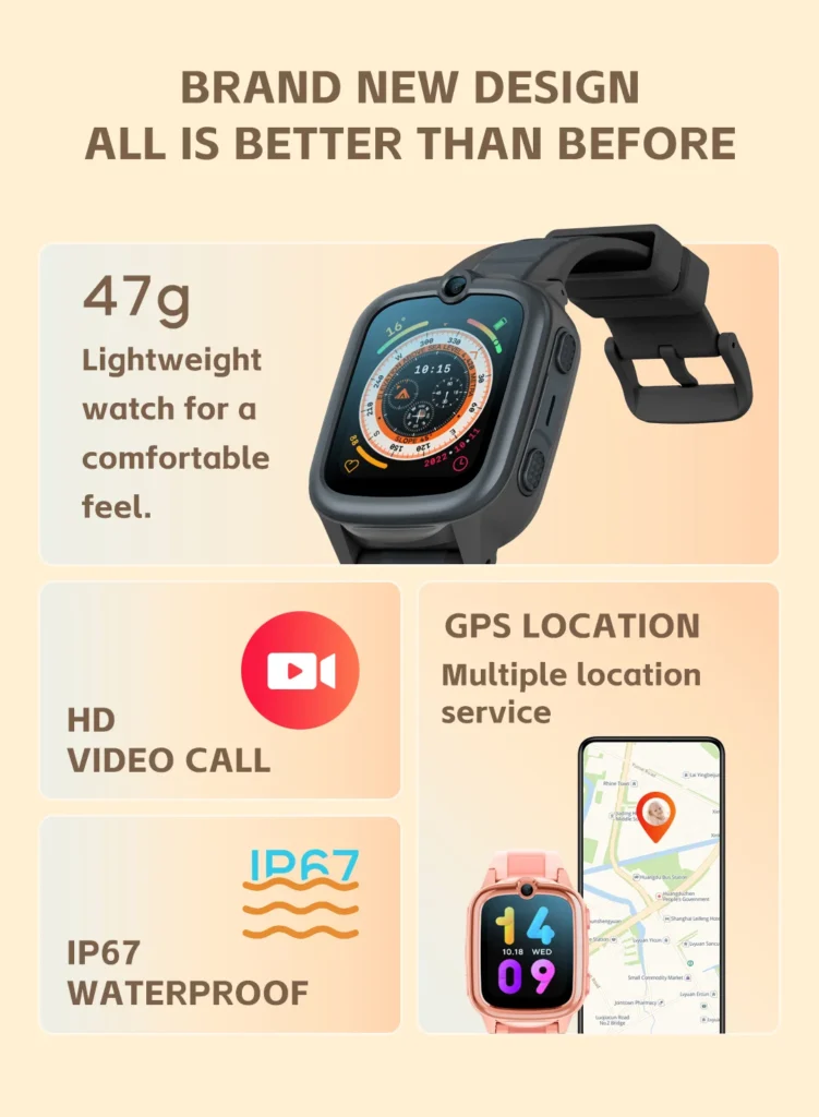 Smartwatch showcasing lightweight design, HD video call, GPS location, and IP67 waterproof features on a promotional poster.
