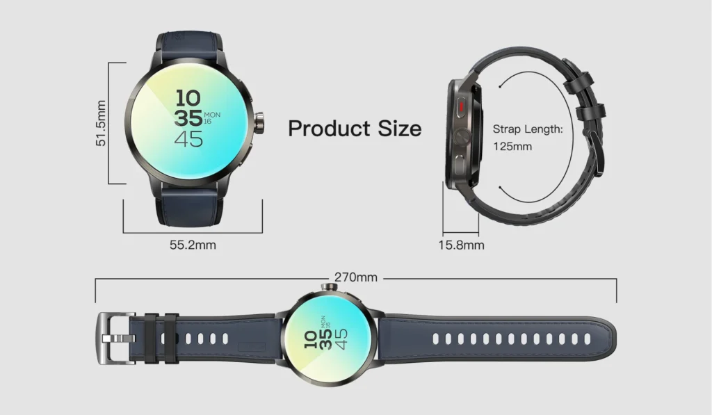 Smartwatch with digital display, showing dimensions: 51.5mm height, 55.2mm width, strap length 125mm, and total length 270mm.