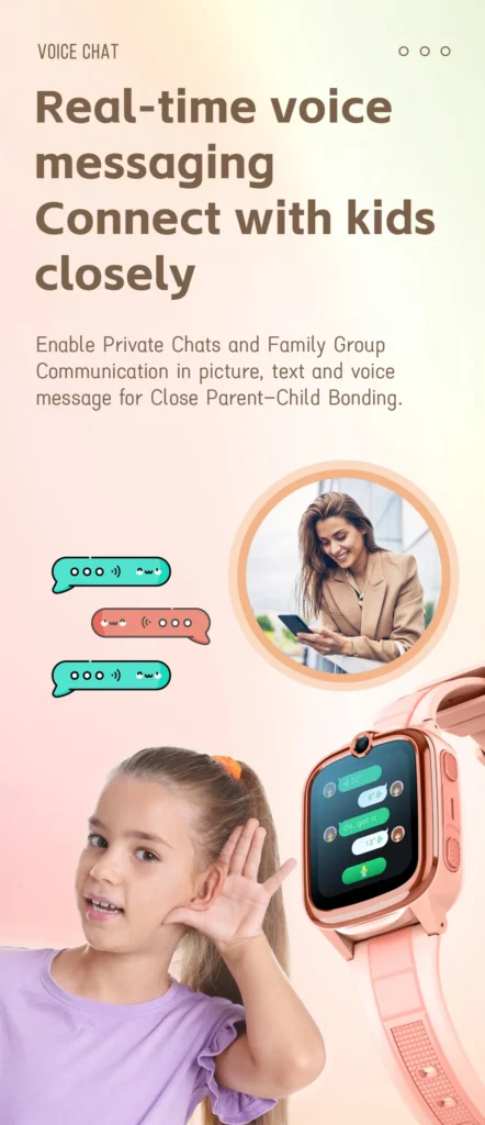 Pink smartwatch with voice messaging displayed on screen, emphasizing real-time communication and family bonding.