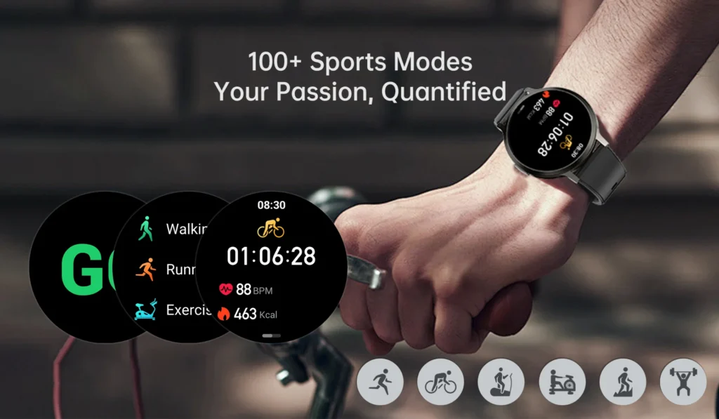 Smartwatch display showing cycling activity, BPM, and calories burned with various sports icons and hand gripping bicycle handlebar.