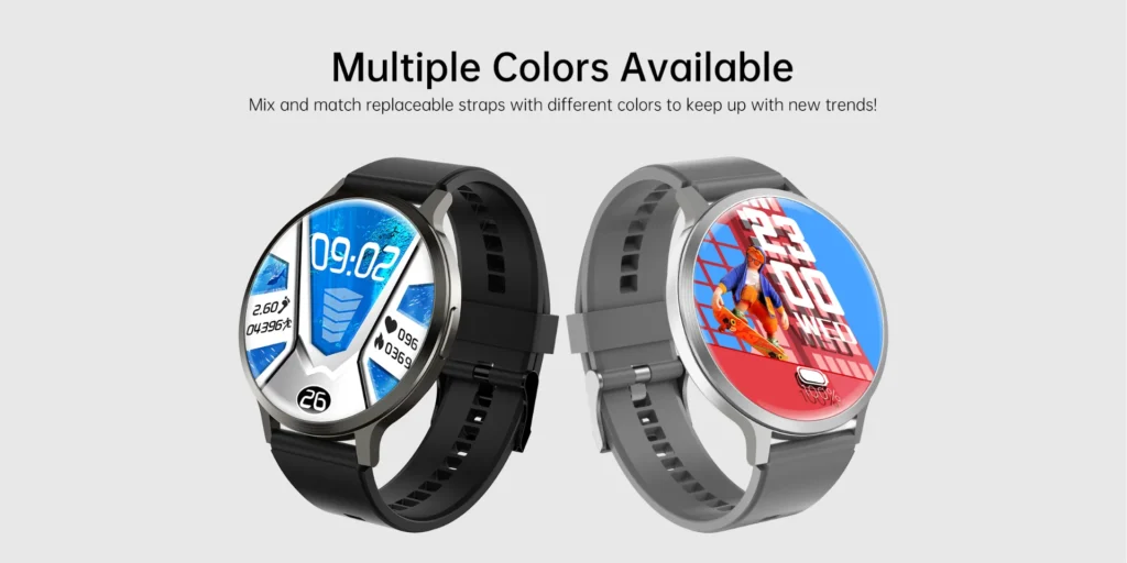 Two smartwatches with customizable display and replaceable straps in different colors.