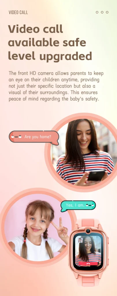 Promotional image for video call safety features, showing a watch with a video call interface and two blurred individuals communicating.